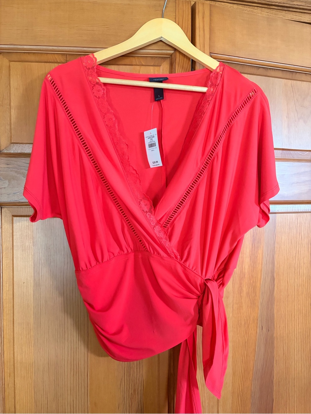 NWT- Daytrip Coral-Red Wrap Tie Blouse with Lace Trim